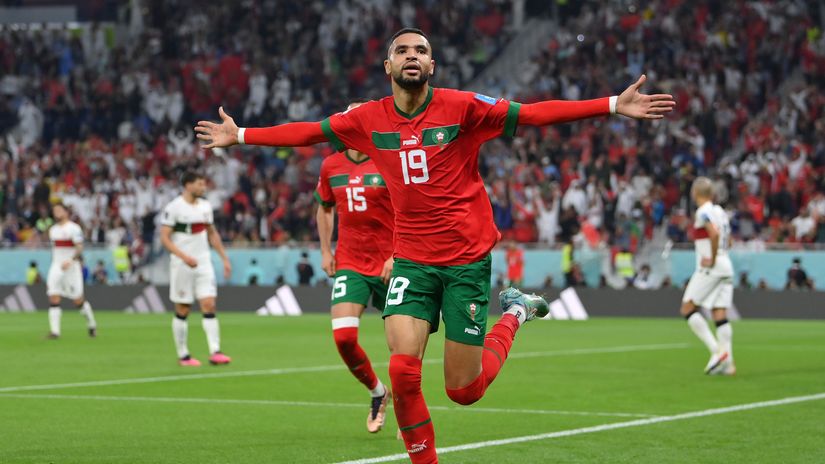 En-Nesyri celebrates his winner for Morocco against Ronaldo's Portugal in the 2022 World Cup quarter-finals(©Justin Setterfield/Getty Images)