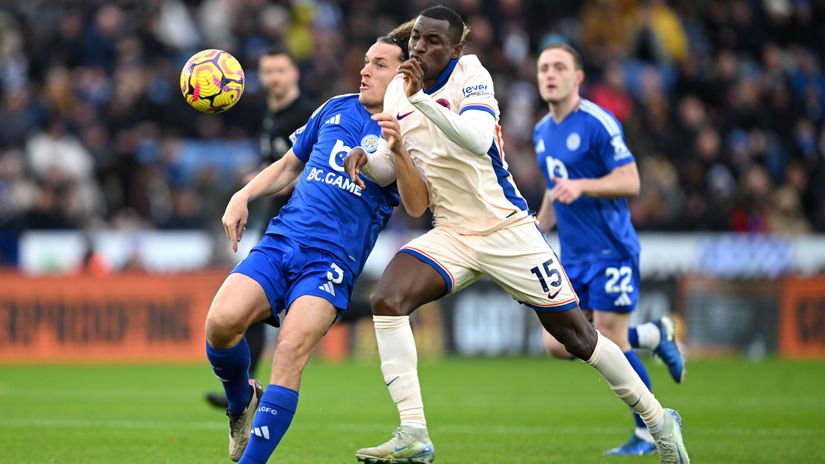 Faes tries to clear the ball away, but Jackson steals it to score the opener (©Getty images)