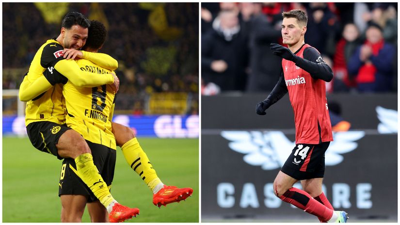 Two celebrations: Bensebaini and Nmecha of Dortmund (left) and hat-trick scorer Schick of Leverkusen (right)(©Getty Images)