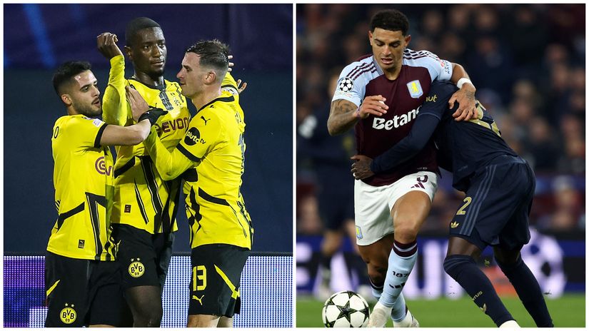 Dortmund players celebrate Guirassy's goal (left) and Diego Carlos of Villa and Weah of Juve in a duel (right)(©AFP)