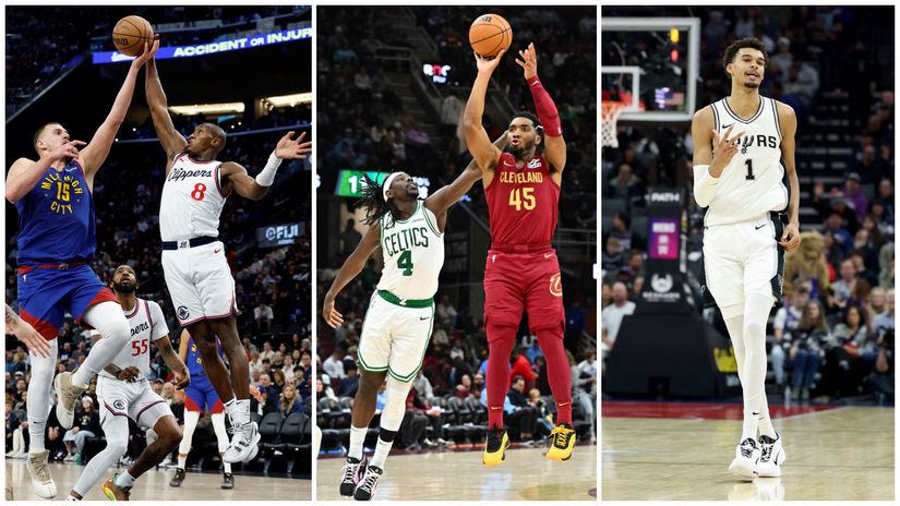 Jokic of Nuggets, Mitchell of Cavs, and Spurs' Wembanyama in action(©AFP)