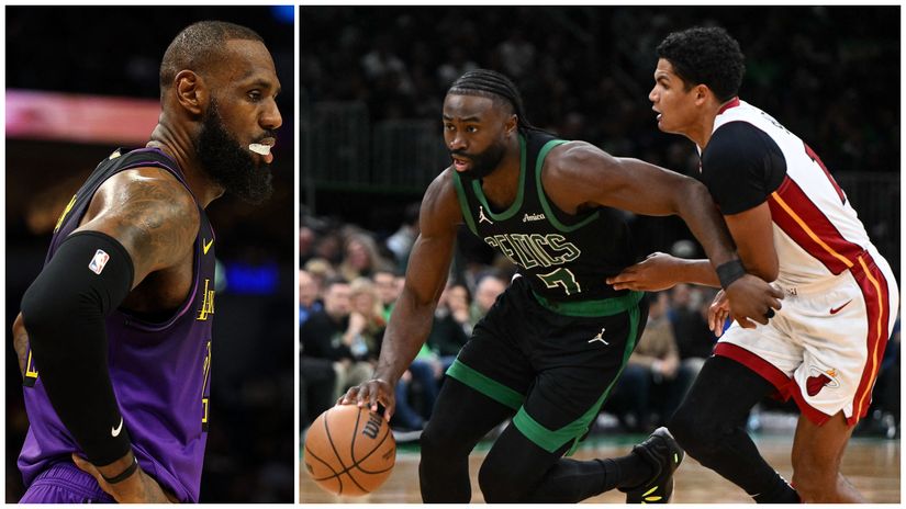 LBJ's during his "night to forget" and Brown in action(©AFP)