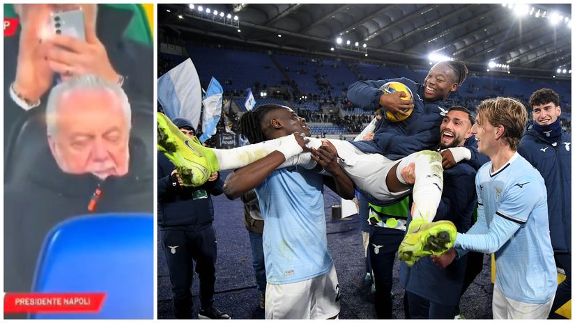 Napoli's president De Laurentiis sleeps last night while Lazio players celebrate (©Getty images/X/@DaznForza)