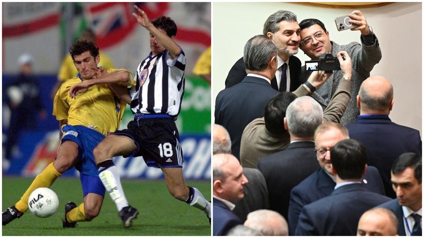 Mikheil Kavelashvili in action as a player (yellow shirt) and today as a president (©Gallo images/AFP)