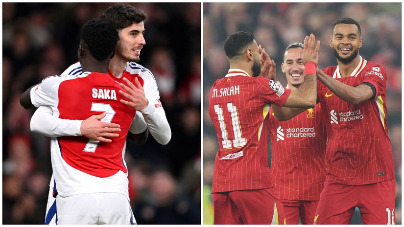 Saka & Havertz of Arsenal and Salah, Tsimikas & Gakpo of Liverpool(©Getty Images)