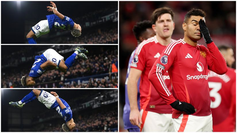 Hutchinson with a wild celebration for Ipswich (left) and Casemiro and Maguire in despair (©Getty images sport)