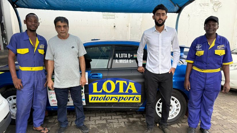 Javed Lota (second from right), his dad Naushad Lota (second from left) and their mechanics during a recent workship interview at Lota Motorsports workshop in Mombasa© Courtesy 