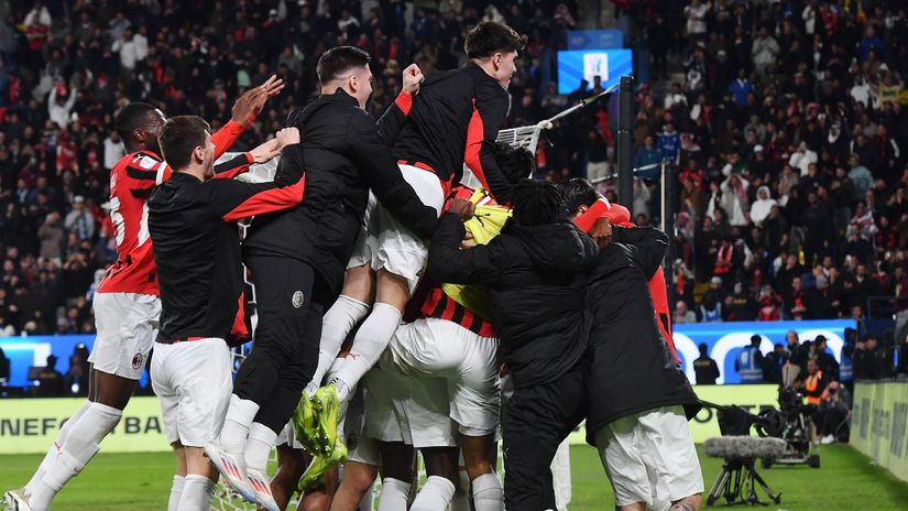The Rossoneri's celebration after Abraham added-time winner(©Reuters/Jennifer Lorenzini/Gallo Images)