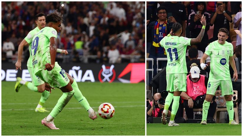 Yamal scores a goal and Raphinha & Gavi celebrate(©Reuters/Pedro Nunes/Gallo Images)