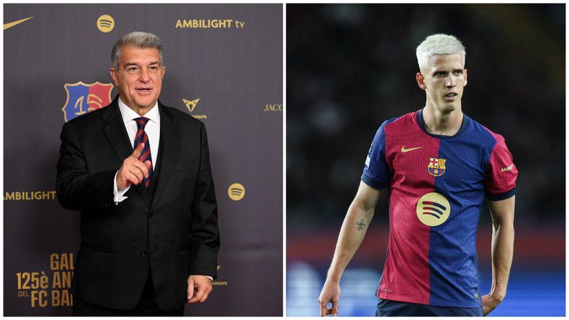 Barcelona president Joan Laporta and Dani Olmo(©AFP)