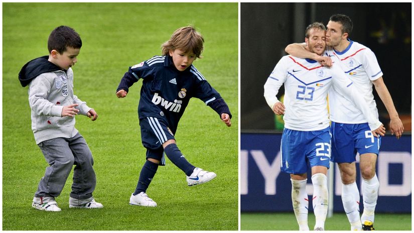 Shaqueel and Damian playing football as kids and Rafael and Robin with the Netherlands(©AFP)