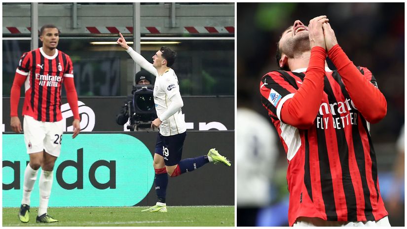 Zortea celebrates Cagliari's leveller and Calabria in desperation(©Marco Luzzani/Getty Images)