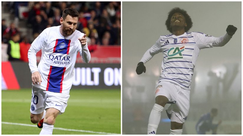 Leo Messi during his spell in France with PSG and Rayane Messi celebrating one of his goals(©AFP)