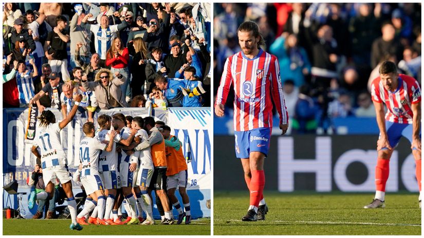 Leganes players celebrate Nastasic's winner, as Griezmann and Lenglet share a despair (©Gallo images)