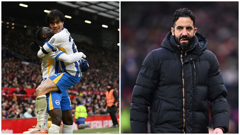 Minteh and Mitoma celebrate & angry Ruben Amorim(©Getty Images)