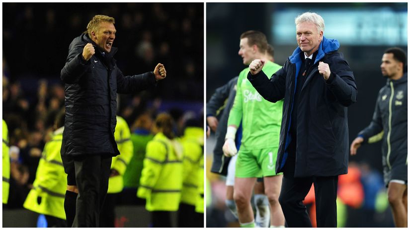 Spot the difference: Moyes celebrates a victory over Tottenham at Goodison Park in 2012 (left) and yesterday (right) (©Getty Images)