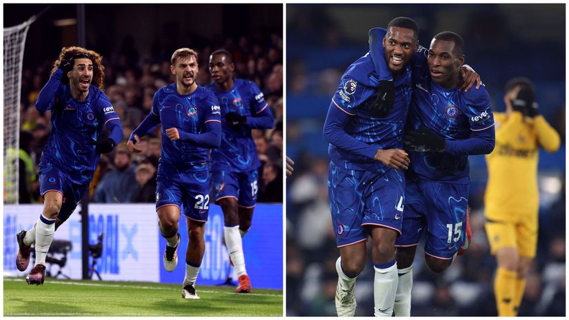 Cucurella and Adarabioyo celebrate their goals with teammates(©Reuters/Andrew Couldridge/Hannah Mckay/Gallo Images)