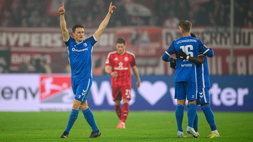 Martijn Kaars of Magdeburg celebrates against Fortuna Dusseldorf (©Frederic Scheidemann/Getty Images)