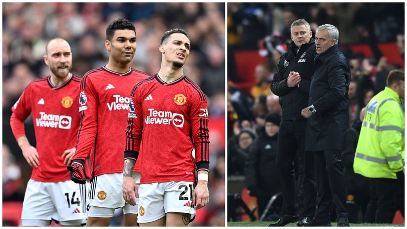 Casemiro with Eriksen and Antony & Solskjaer shaking hands with Jose Mourinho (©Getty Images)