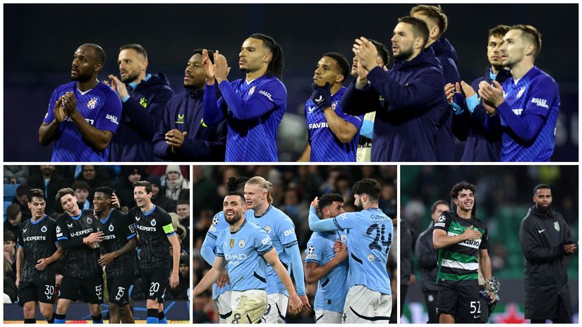 Devastated Dinamo players (up) and Club Brugge, Man City and Sporting celebrations (down) (©AFP)