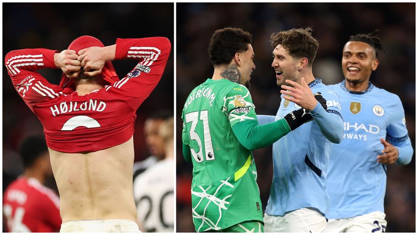 Hojlund after one of his misses and Ederson celebrating one of his assists with Stones and Akanji (©Carl Recine/Getty Images)