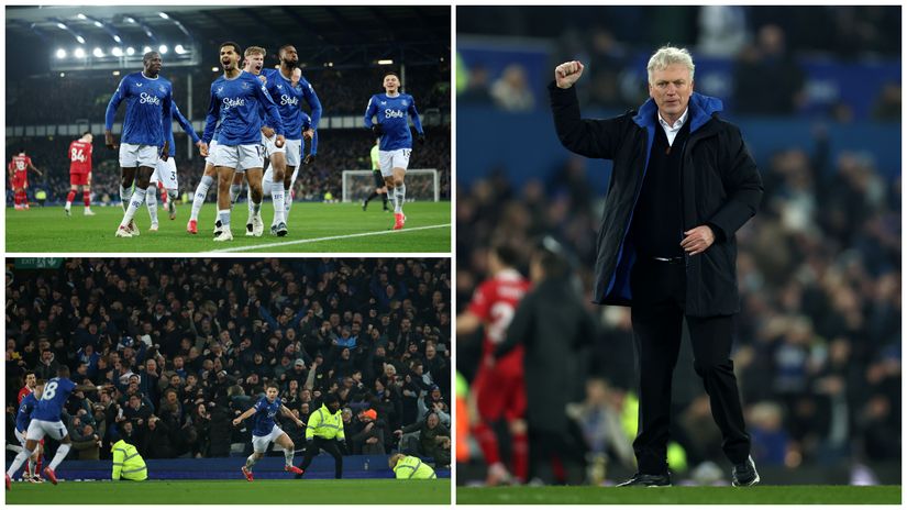 Everton players and Moyes' celebrations yesterday against Liverpool (©Alex Pantling/Getty Images)