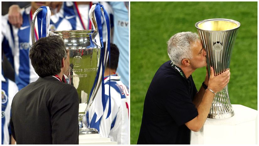 Mourinho kissing the UCL trophy he won with Porto and the ECL trophy he won with Roma (©Gallo Images)