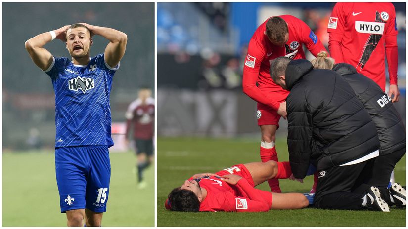 Fabian Nurnberger & one of Elversberg players receiving medical treatment (©AFP)
