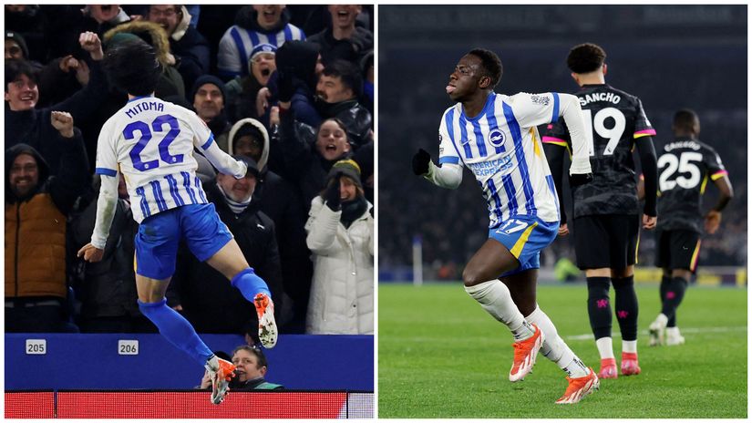 Mitoma and Minteh celebrate their goals (©Reuters/Andrew Couldridge/Paul Childs/Gallo Images)