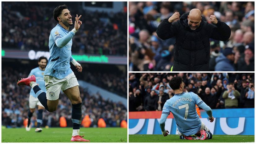Marmoush and Guardiola celebrate (©Reuters/Lee Smith/Phil Noble/Gallo Images)