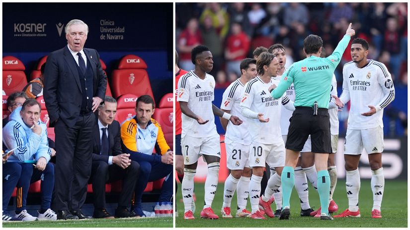 Shocked Carlo Ancelotti and the moment Jude Bellingham was sent off (©Juan Manuel Serrano Arce/Getty Images)