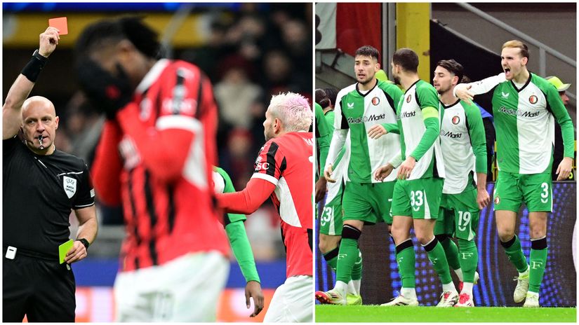Red card for Theo Hernandez, and Feyenoord celebrating after goal (©Gallo Images)