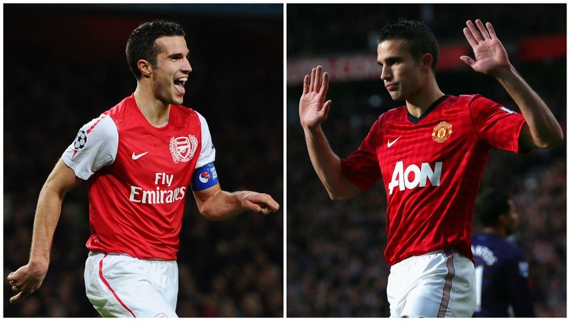 Van Persie with Arsenal and Man United (©Getty Images)