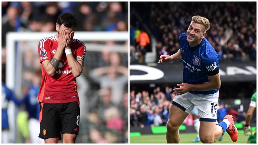 Fernandes of Man United and Delap of Ipswich (©Getty Images)