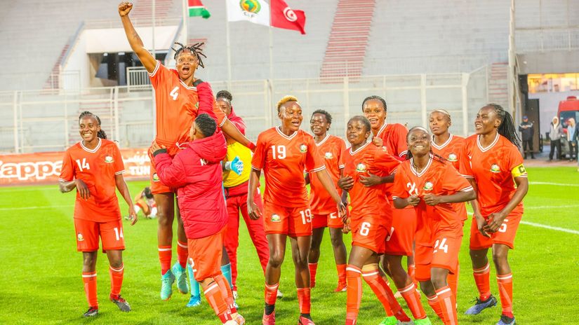 Harambee Starlets players celebrate after their second leg win over Tunisia on Wednesday©Harambee Starlets