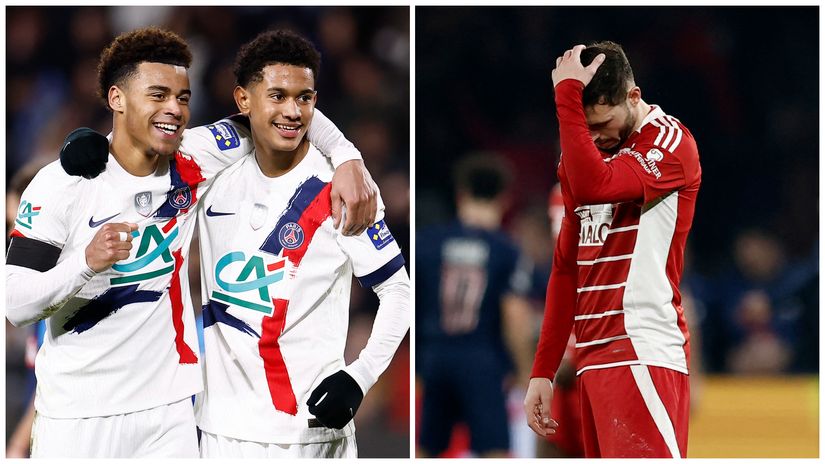 Senny Mayulu and Desire Doue of PSG celebrate, while Pierre Lees-Melou looks dejected (©Gallo images)