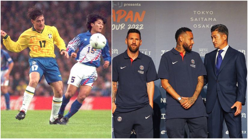 Kazuyoshi Miura against Brasil back to the 1995 and with Messi and Neymar 27 years later (©AFP)