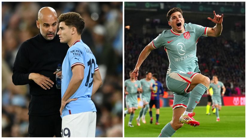 Julian in talks with Pep (left) and ecstatically celebrating for Atletico (©Getty images)