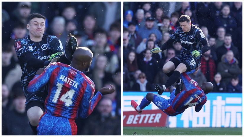 Millwall's Liam Roberts's vicious tackle on Crystal Palace's Jean-Philippe Mateta (©REUTERS/David Klein)
