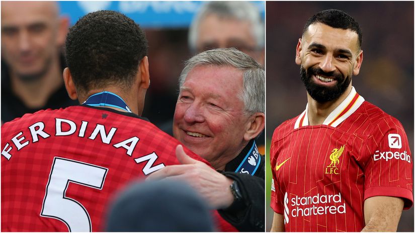 Rio Ferdinand with Sir Alex Ferguson and Mohamed Salah (©Getty Images)