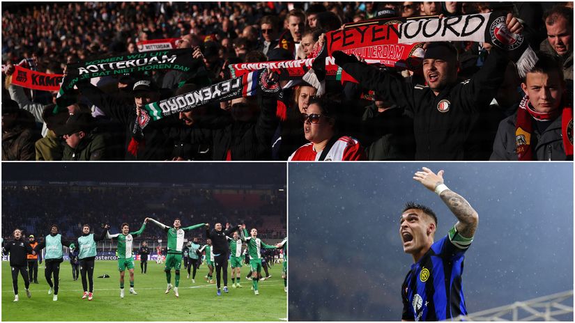 Feyenoord fans on the top, with the players celebrating and Lautaro Martinez on the other side (©Getty Images)