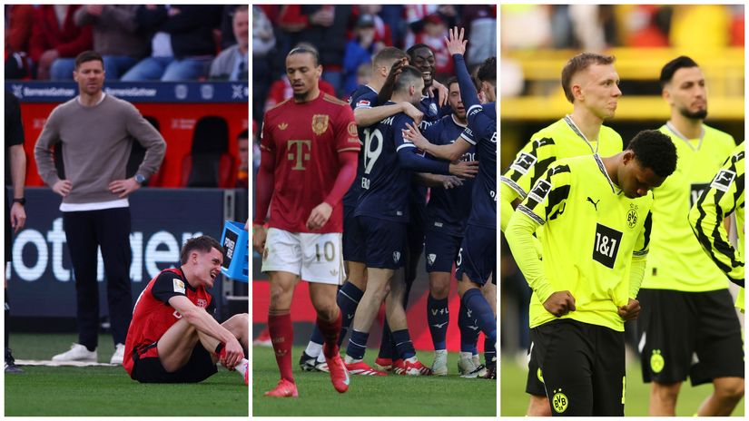 Xabi Alonso looks at injured Wirtz, dejected Sane with Bochum players celebrating in the back and BVB stars in despair (©Gallo images/Getty images)