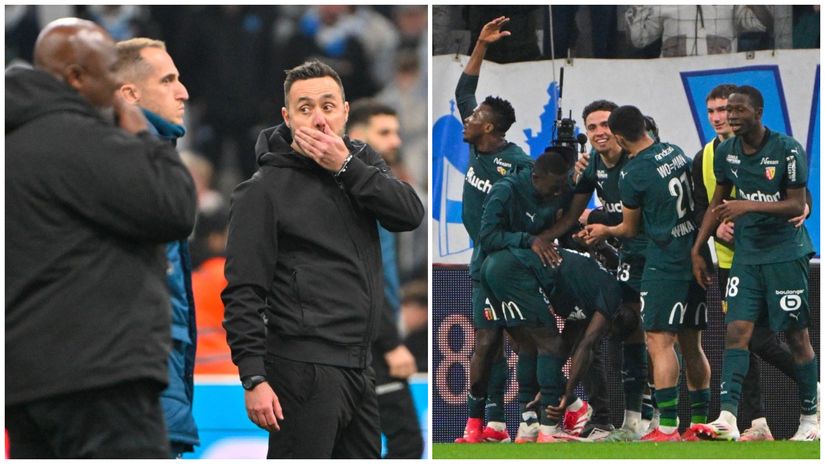 Shocked De Zerbi & Lens players celebrating late winner (©AFP)