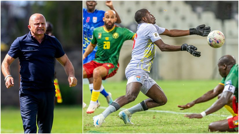 Zdravko Logarusic and Eswatini's keeper Mlamuli Makhanya in front of Mbeumo and Aboubacar (©Gallo images)