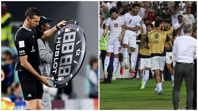 Fourth official and Iranians celebrating Azmoun's opener (©Getty Images/AFP)