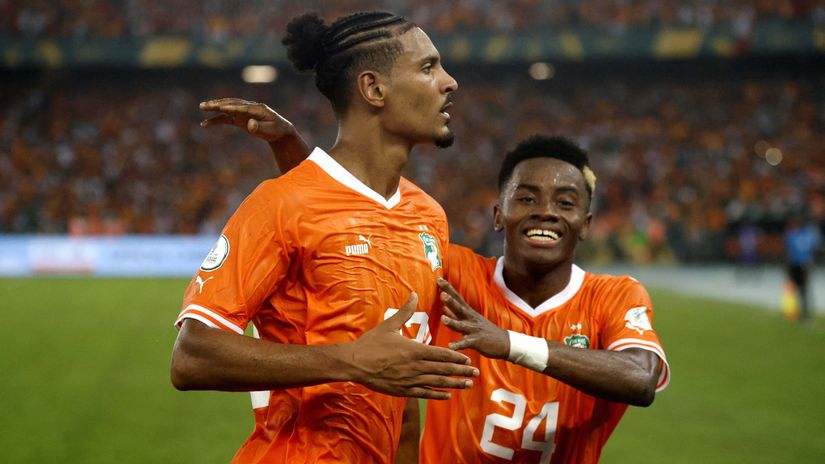 Haller and Adingra celebrate (©Reuters/Luc Gnago/Gallo Images)