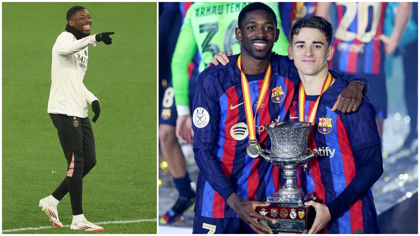 Dembele now and with Gavi during his Barca days (©Gallo images/Getty images)