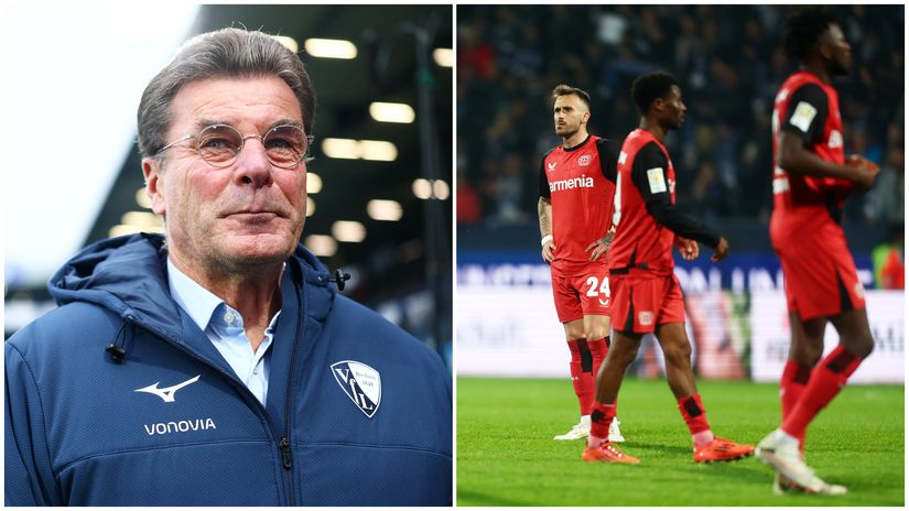 Dieter Hecking of Bochum (left) and Leverkusen players (©Getty images)