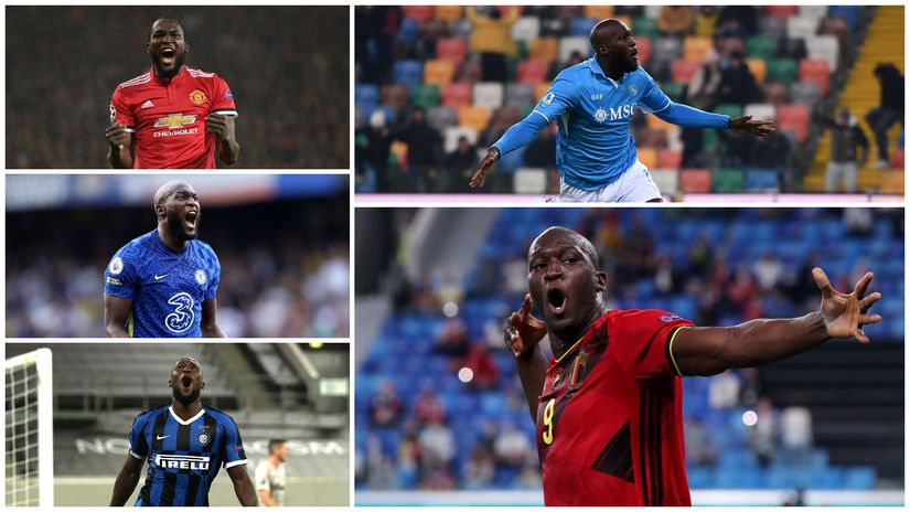 Lukaku celebrating goals with Man United, Napoli, Chelsea, Inter Milan & Belgium (©Getty Images) 