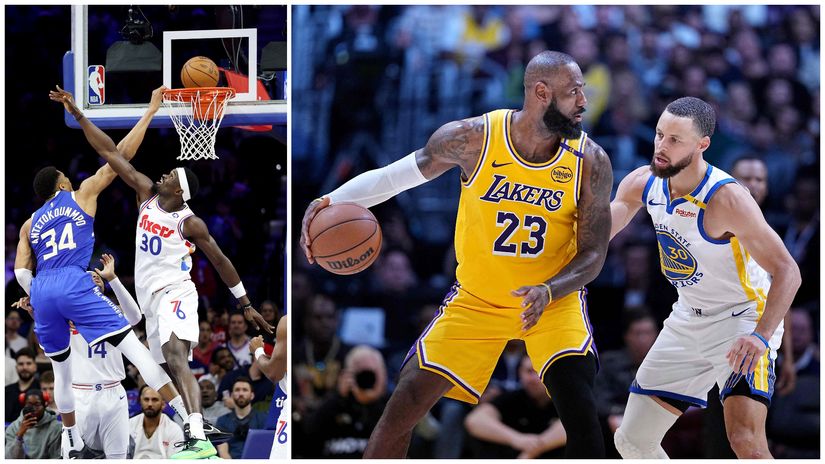 Giannis dunks on Adem & LeBron and Curry in action (©AFP)